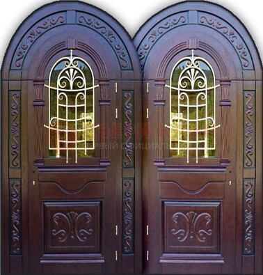 Индивидуальная арочная дверь со стеклом и ковкой ДА-19 в Петрозаводске