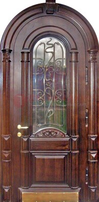 Арочная металлическая дверь массив со стеклом и ковкой ДА-50 в Петрозаводске