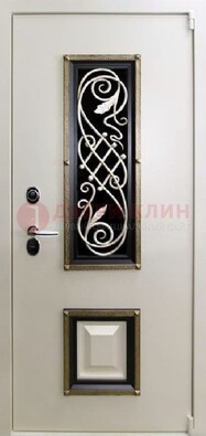 Белая стальная дверь с ковкой со стеклопакетом и МДФ ДК-30 в Петрозаводске