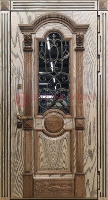 Железная дверь с массивом дуба со стеклом и ковкой ДМД-47 в Петрозаводске