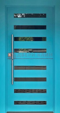 Голубая уличная дверь с МДФ панелью и стеклом ДС-51 в Петрозаводске