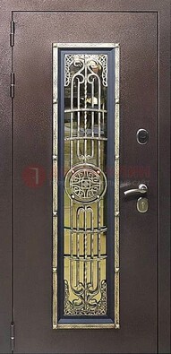 Железная дверь цвета медный антик со стеклом и ковкой ДСК-105 в Петрозаводске