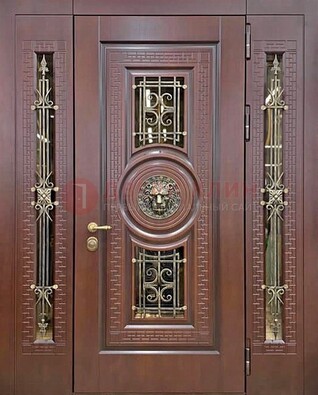 Коричневая стальная дверь со стеклом и ковкой ДСК-147 с фрамугами в Петрозаводске