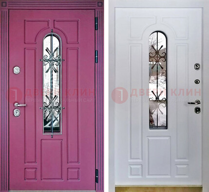 Розовая металлическая дверь со стеклом и ковкой ДСК-151 в Петрозаводске