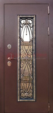 Коричневая стальная дверь порошок со стеклом и ковкой для дома ДСК-169 в Петрозаводске