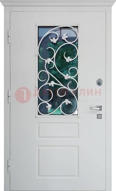 Белая металлическая дверь винорит со стеклом и ковкой ДСК-184 в Петрозаводске