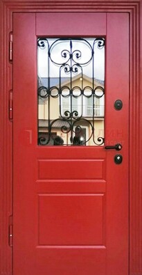 Красная железная дверь Винорит со стеклом и ковкой ДСК-205 в Петрозаводске