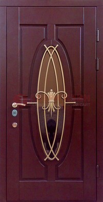 Бордовая стальная дверь Винорит со стеклом и ковкой ДСК-263 в Петрозаводске