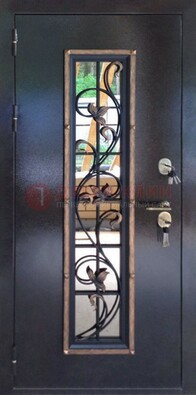 Железная дверь с порошковым напылением стеклом и ковкой ДСК-279 в Петрозаводске