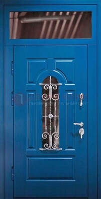 Синяя железная филенчатая дверь со стеклом и ковкой ДСК-97 в Петрозаводске