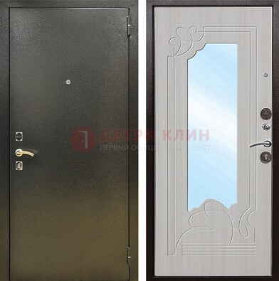 Входная темно-серая дверь c порошковым покрытием и МДФ с резьбой и зеркалом ДЗ-113 в Петрозаводске