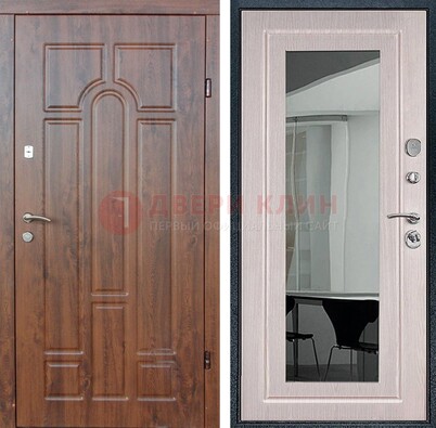 Входная коричневая дверь с МДФ Белый дуб и зеркалом ДЗ-126 в Петрозаводске