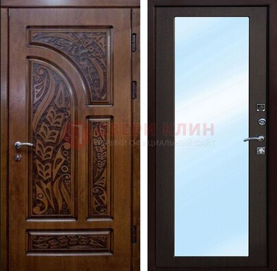 Коричневая входная дверь c узором и виноритом МДФ с зеркалом ДЗ-98 в Петрозаводске