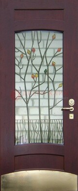 Бордовая стальная дверь с витражом и декоративным элементом ВЖ-3 в Дмитрове